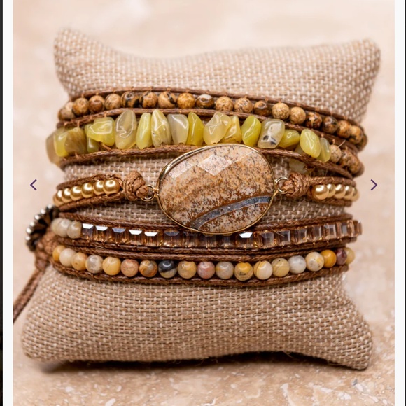 Boho “ Kelly 4 Jasper Mustard “ Vegan Leather Wrap Bracelet with Jasper Stone - Picture 1 of 1